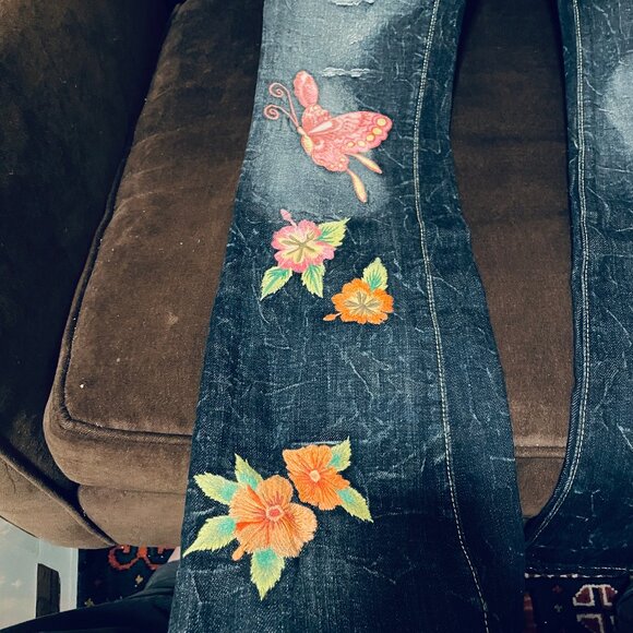 PEOPLE For Peace Embroidered Denim flowers butterflies bespoke handmade 26 NWT - Picture 4 of 7